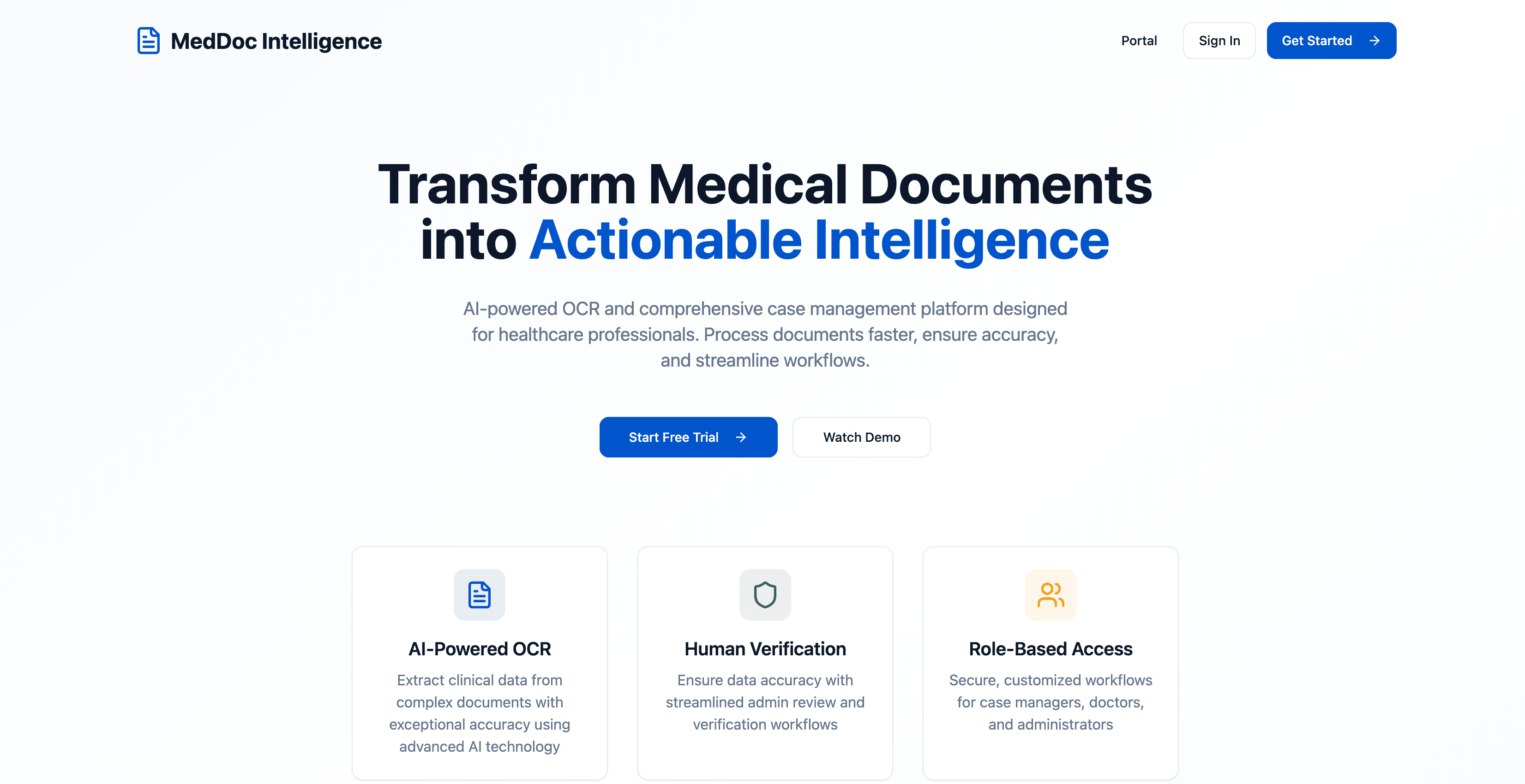 MedDoc Intelligence home page: AI-powered OCR, human verification and role-based access