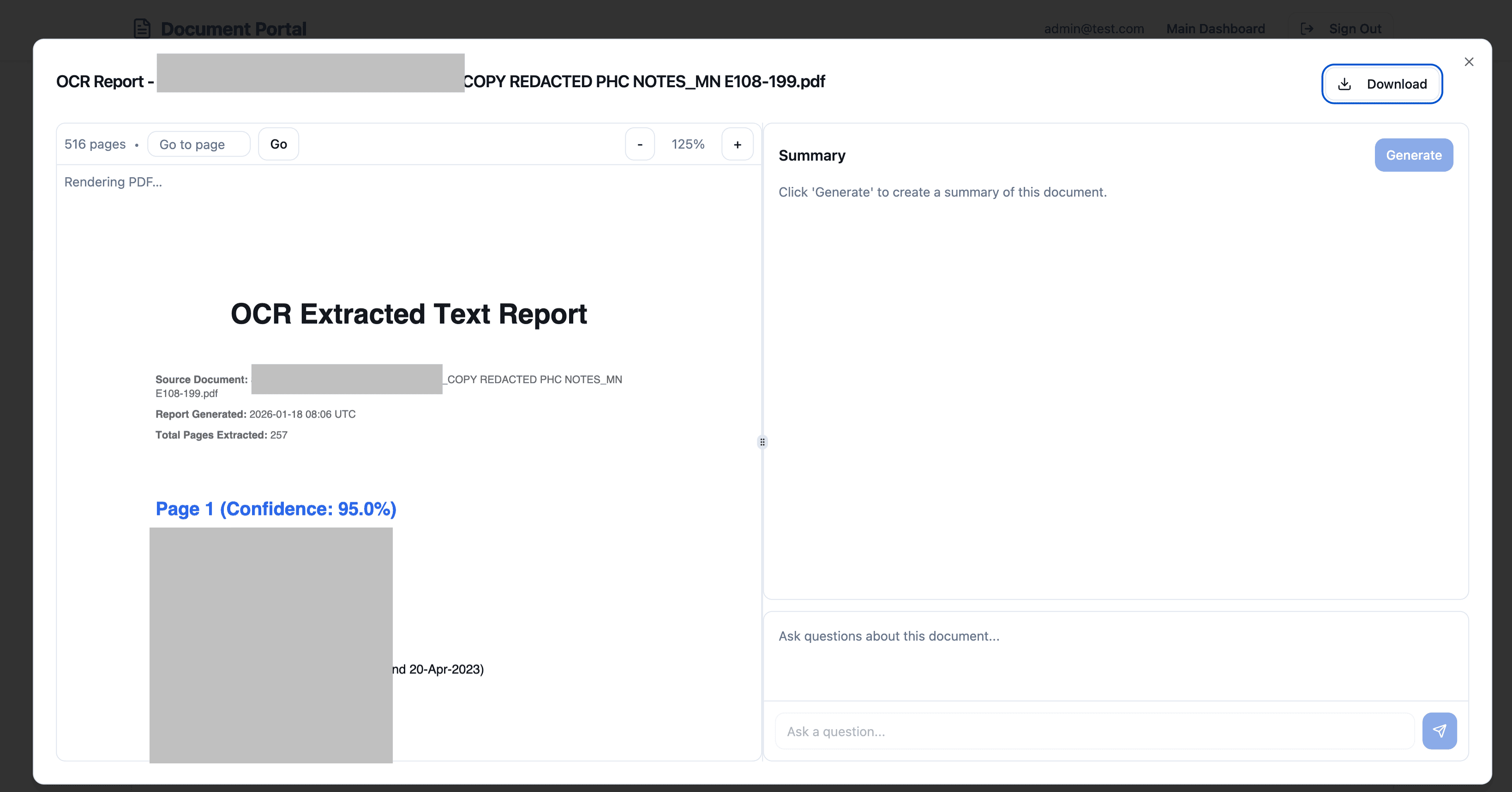 OCR extracted text report with per-page confidence scores (patient details redacted)