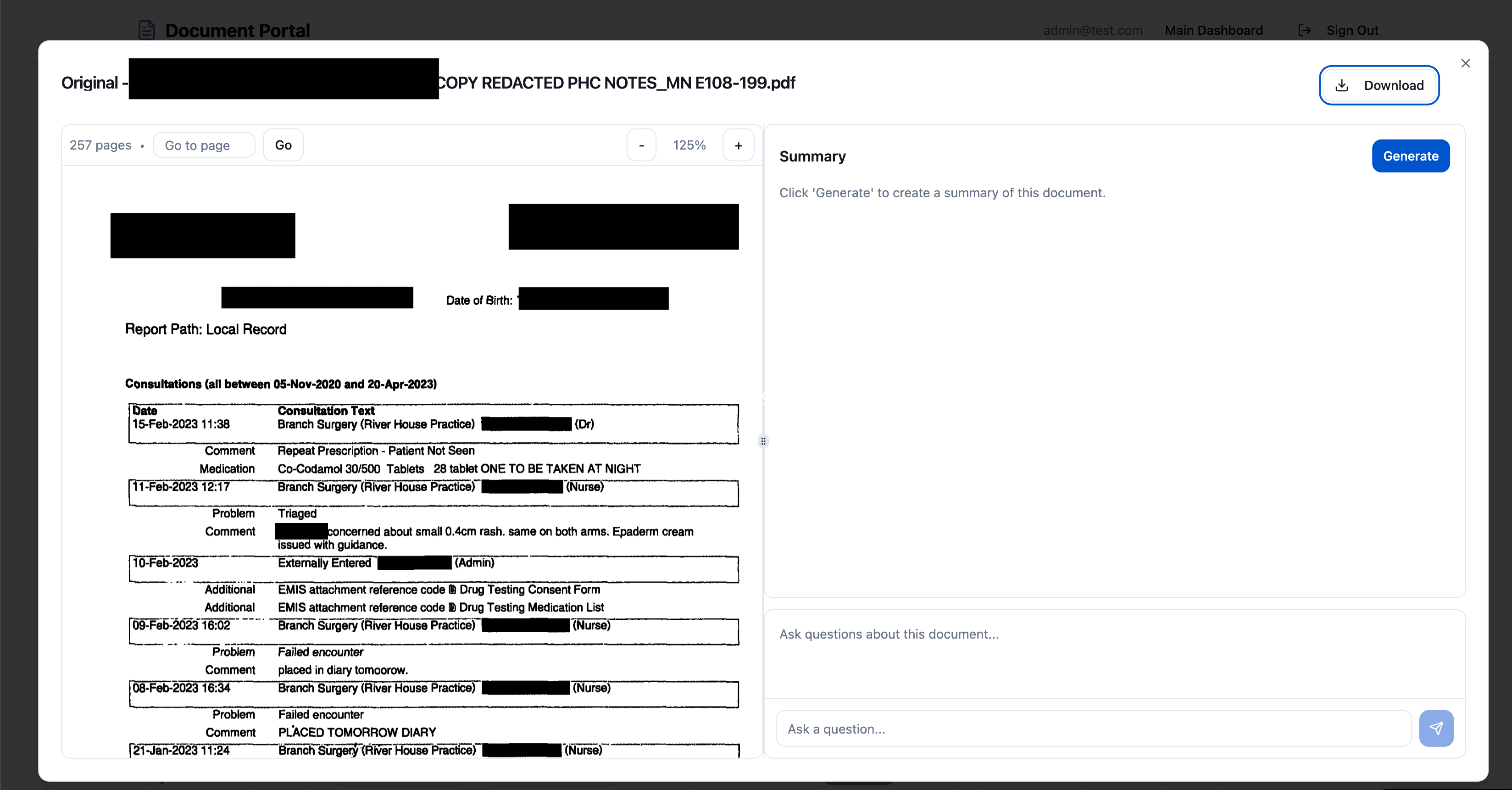 Original 257-page medical record PDF next to the summary and chat panel (patient details redacted)