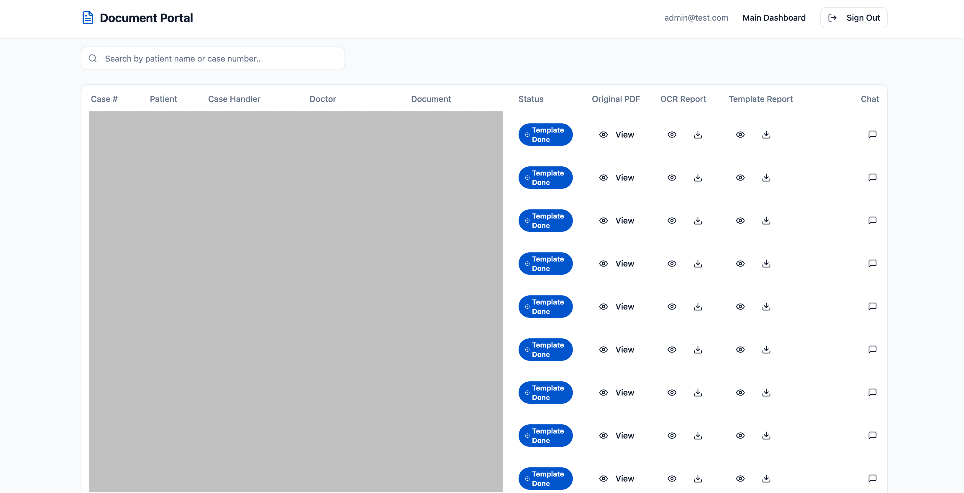 Document portal listing cases with status, original PDF, OCR report, template report and chat (patient details redacted)
