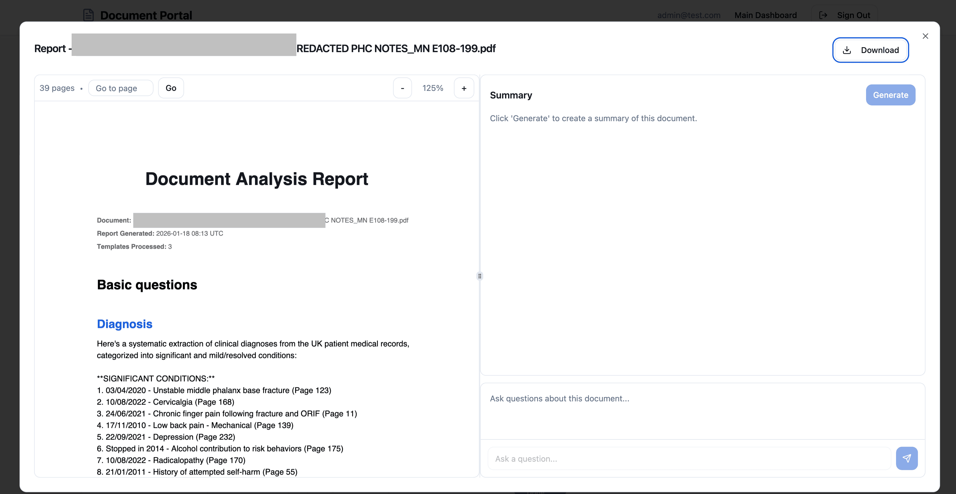 Template report answering predefined questions, with each diagnosis citing its source page (patient details redacted)