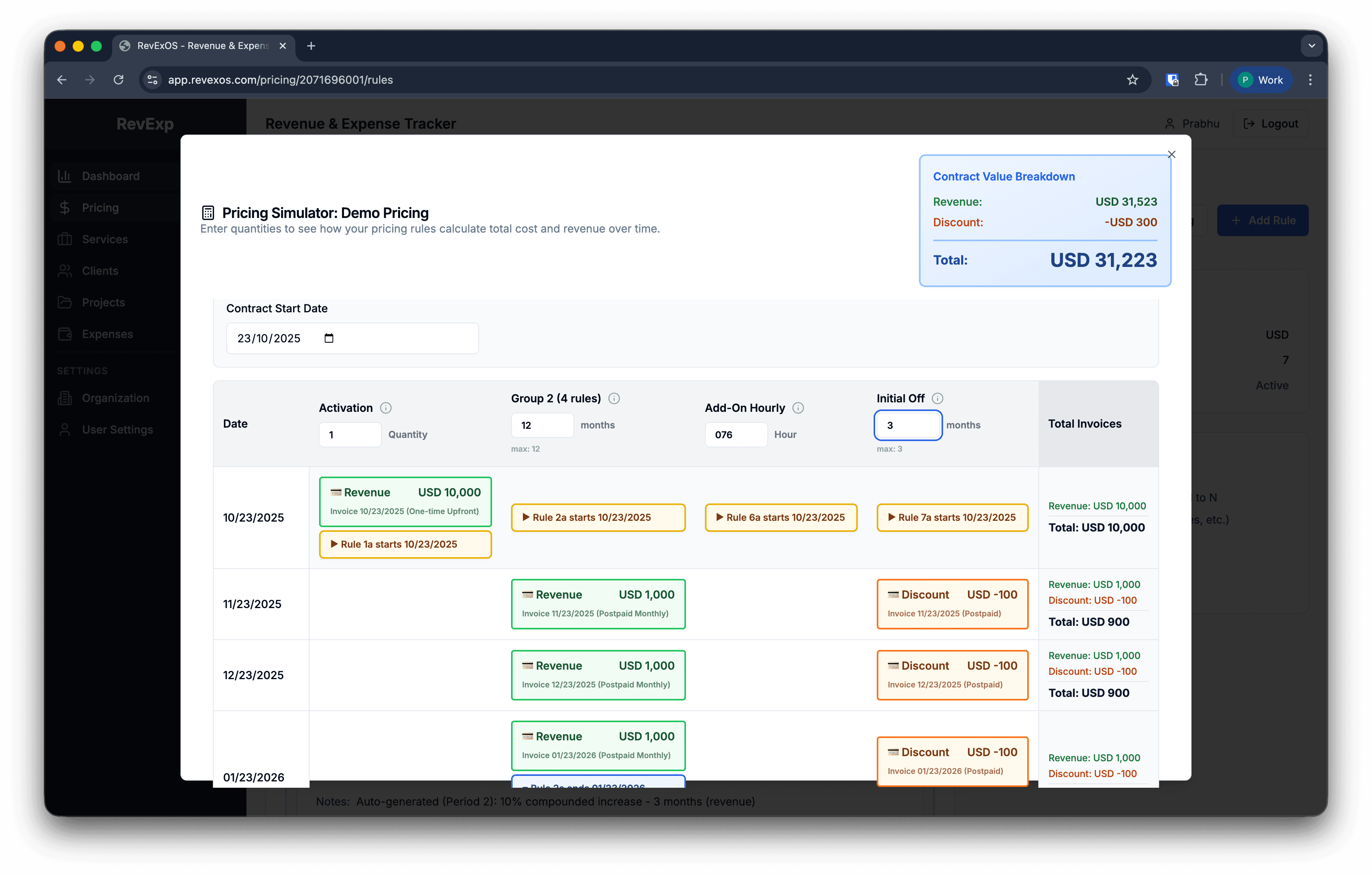 RevExOS Pricing Simulator Dashboard