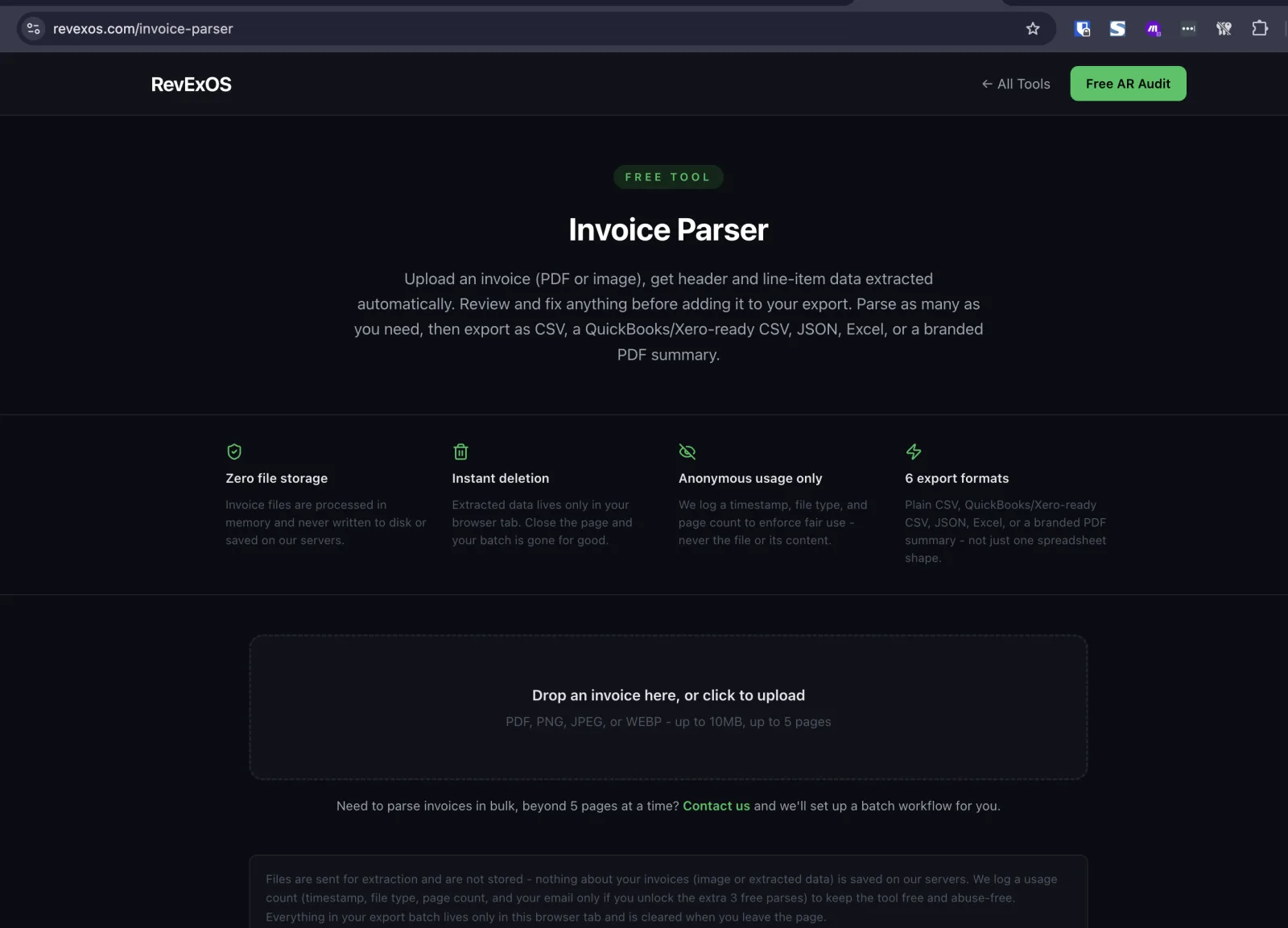 The free RevExOS Invoice Parser at revexos.com/invoice-parser: upload a PDF or image invoice, review the extracted header and line items, and export as CSV, QuickBooks/Xero-ready CSV, JSON, Excel, or a PDF summary.